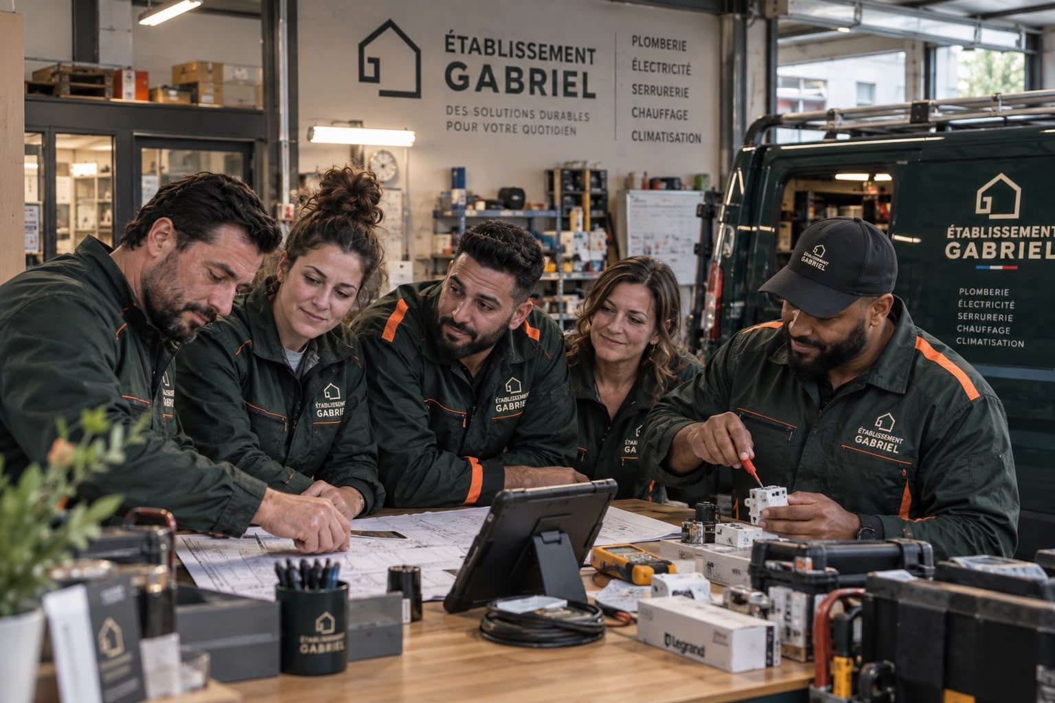 Les artisans Établissement Gabriel au travail dans leur atelier